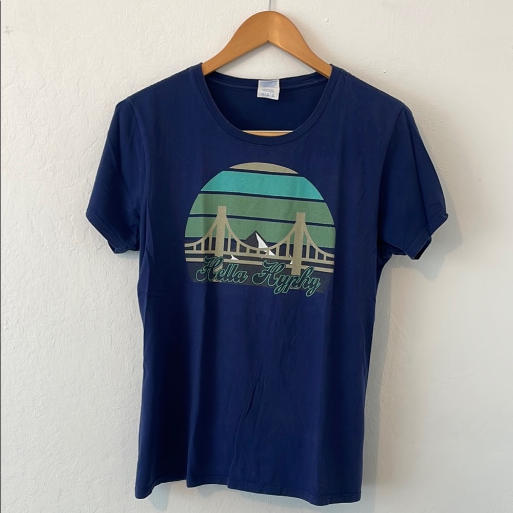 Blue Graphic Tee with Bridge Design